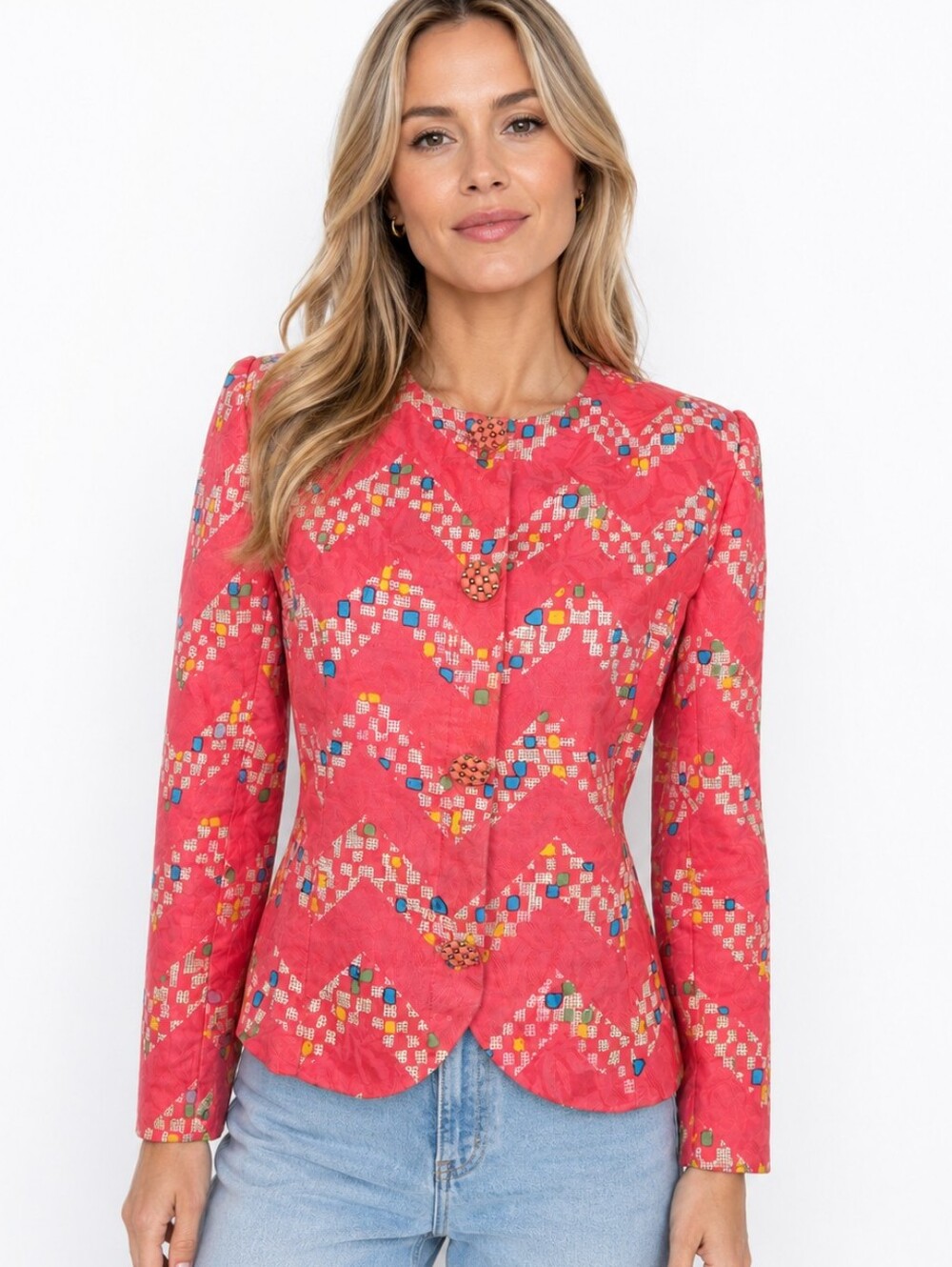 Vintage Anne Crimmins Wearable Art Linen Cotton Mosaic Print Jacket Blazer 6